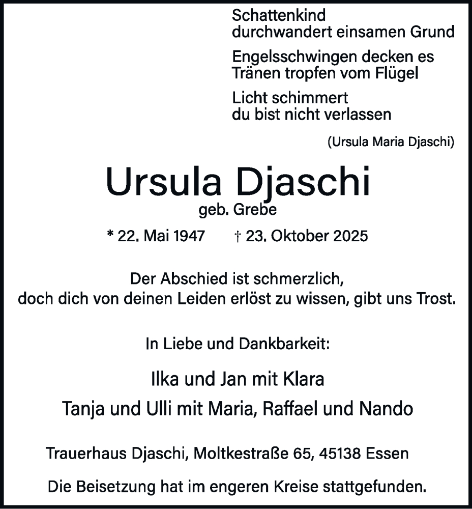 Traueranzeige für Ursula Djaschi vom 08.11.2025 aus Tageszeitung