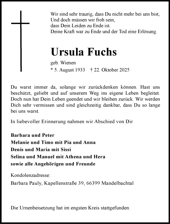 Traueranzeige von Ursula Fuchs von Tageszeitung