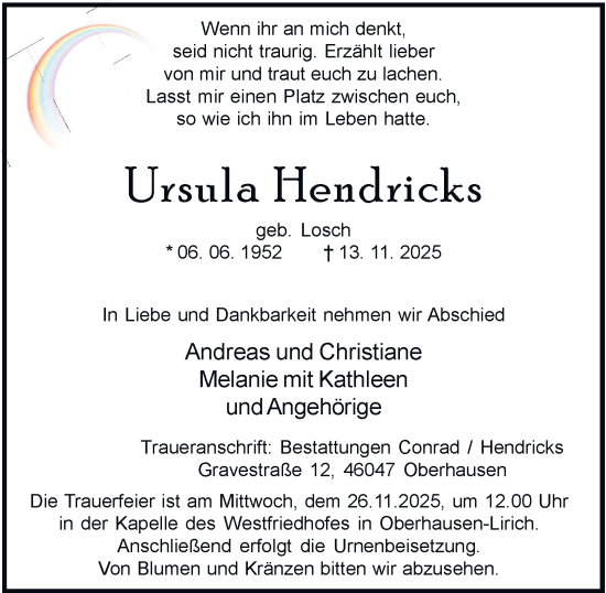 Traueranzeige von Ursula Hendricks von Tageszeitung