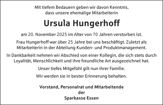 Traueranzeige von Ursula Hungerhoff von Tageszeitung