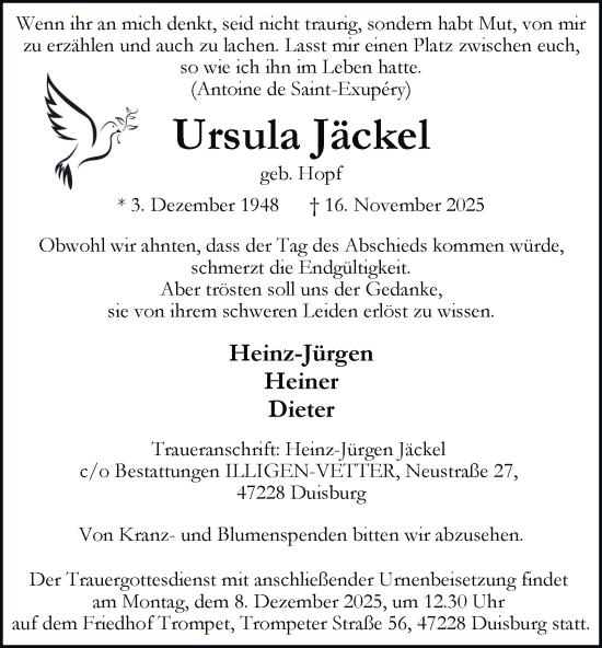 Traueranzeige von Ursula Jäckel von Tageszeitung