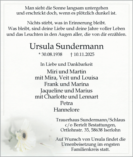 Traueranzeige von Ursula Sundermann von Tageszeitung