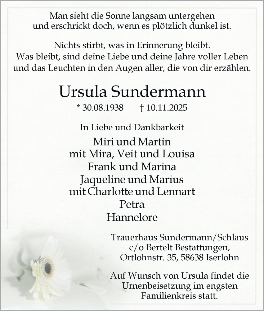  Traueranzeige für Ursula Sundermann vom 22.11.2025 aus Tageszeitung