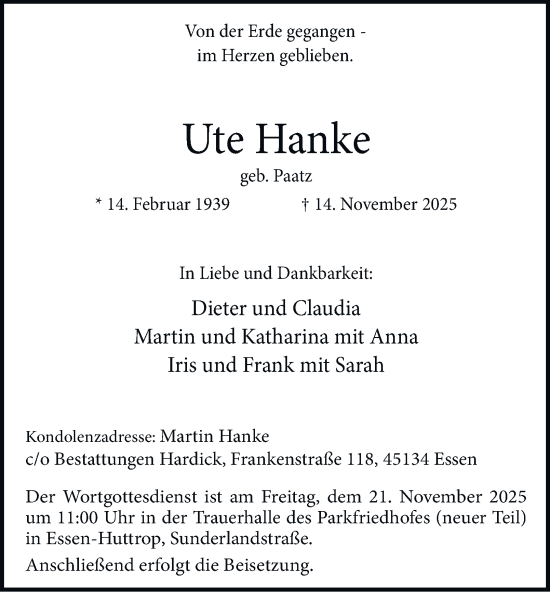 Traueranzeige von Ute Hanke von Tageszeitung