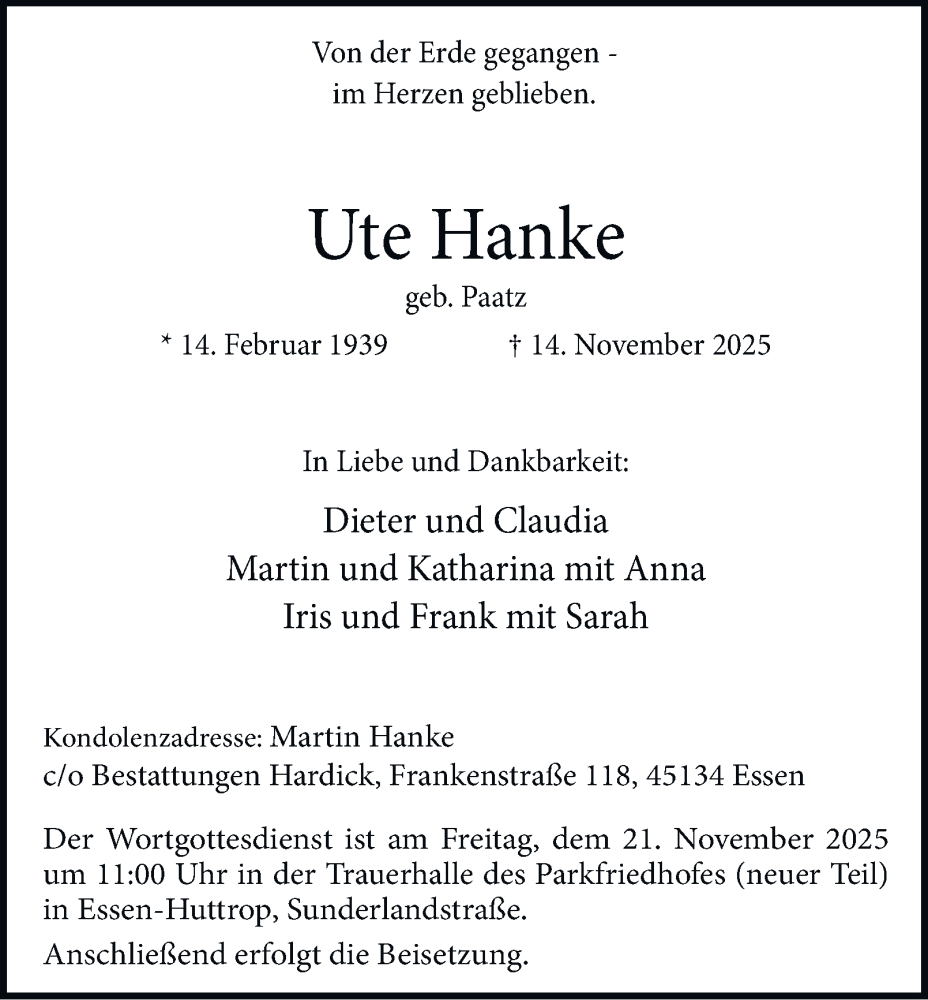  Traueranzeige für Ute Hanke vom 19.11.2025 aus Tageszeitung