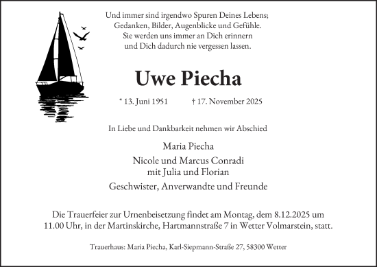 Traueranzeige von Uwe Piecha von Tageszeitung