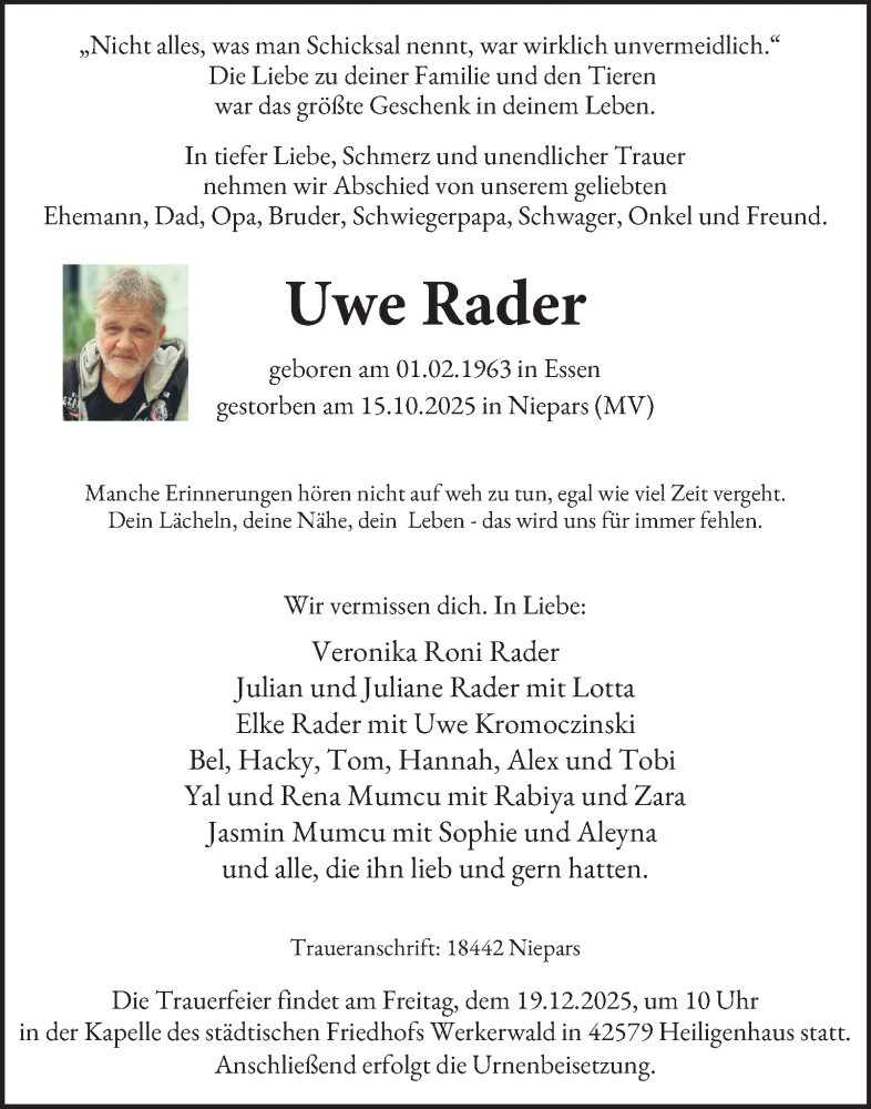  Traueranzeige für Uwe Rader vom 22.11.2025 aus Tageszeitung