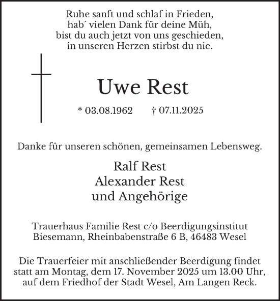 Traueranzeige von Uwe Rest von Tageszeitung