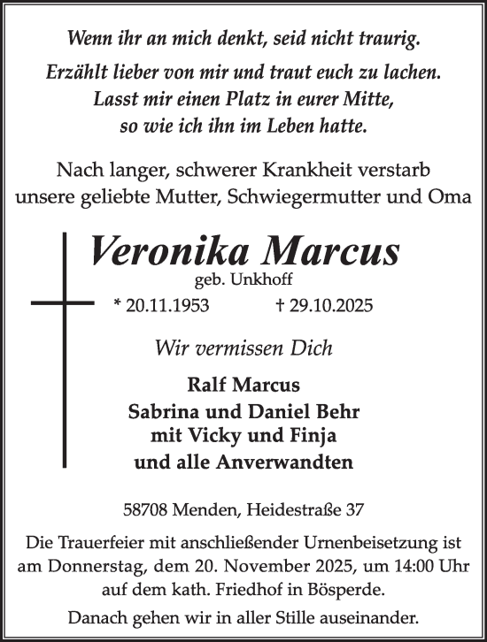 Traueranzeige von Veronika Marcus von Tageszeitung