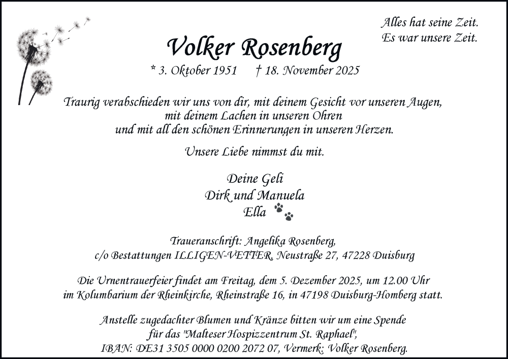  Traueranzeige für Volker Rosenberg vom 29.11.2025 aus Tageszeitung
