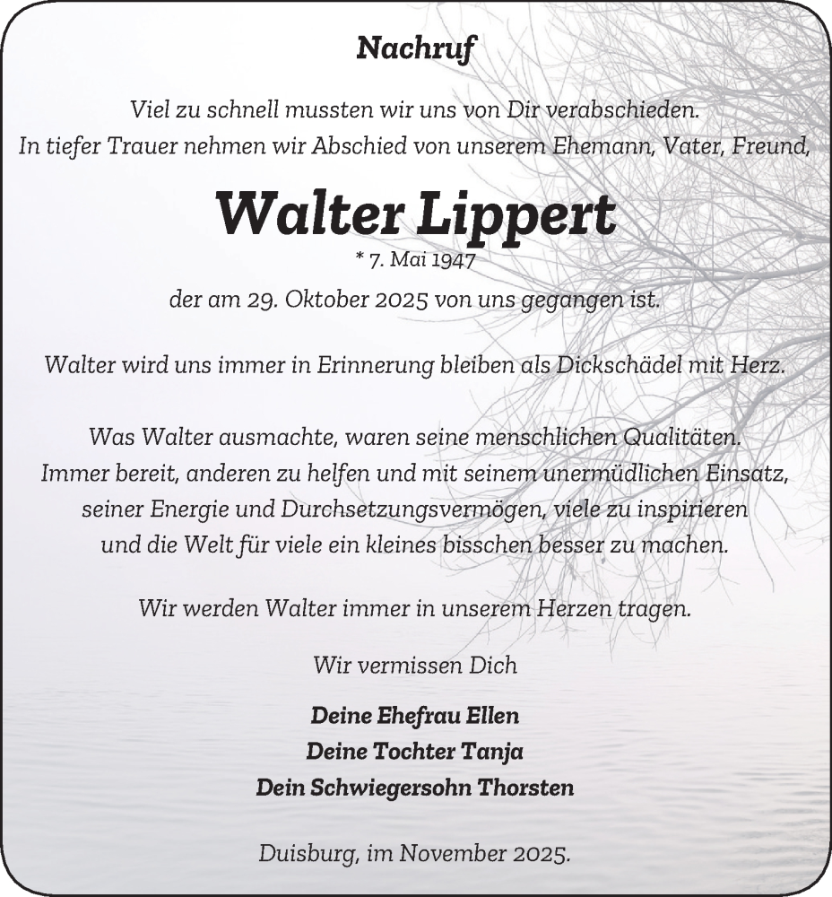  Traueranzeige für Walter Lippert vom 15.11.2025 aus Tageszeitung