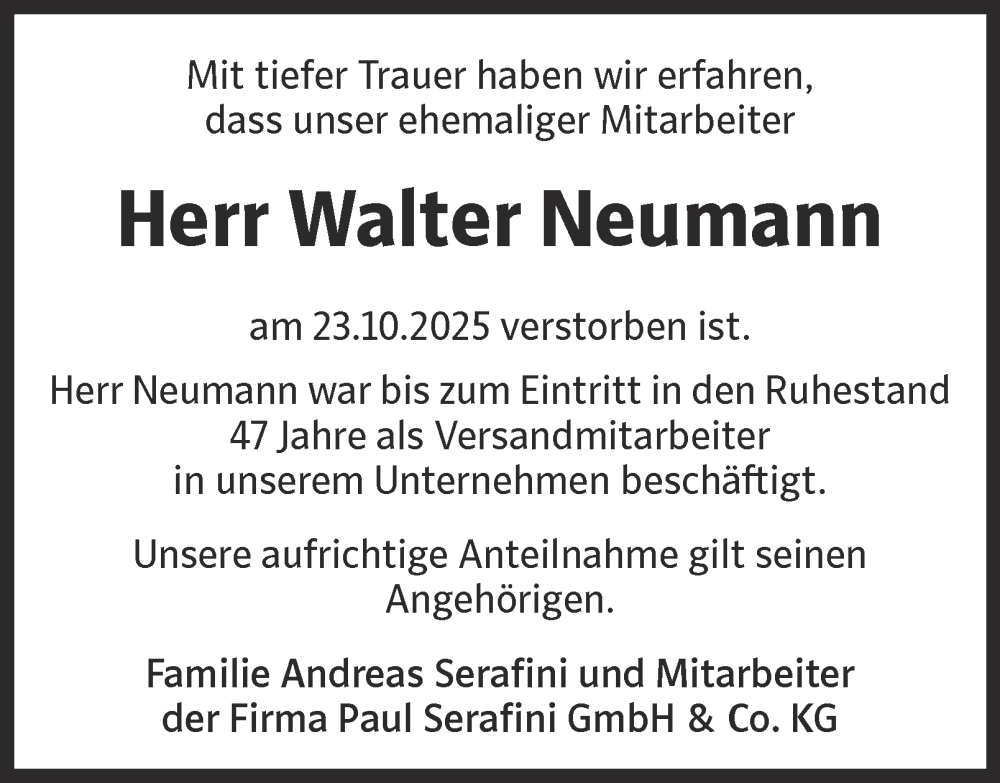  Traueranzeige für Walter Neumann vom 08.11.2025 aus Tageszeitung