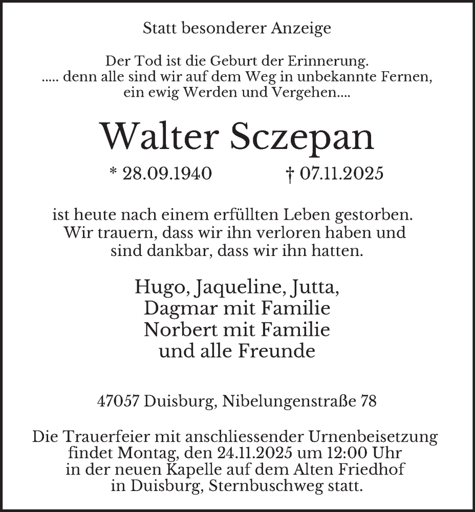  Traueranzeige für Walter Sczepan vom 14.11.2025 aus Tageszeitung
