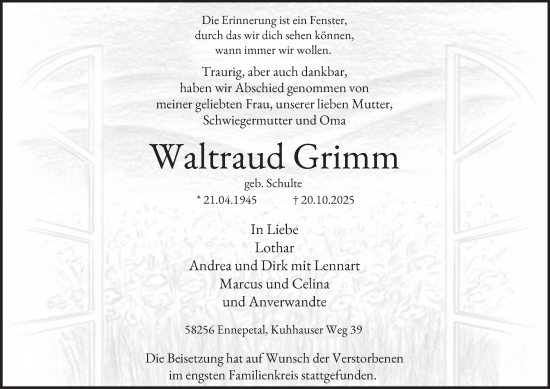 Traueranzeige von Waltraud Grimm von Tageszeitung