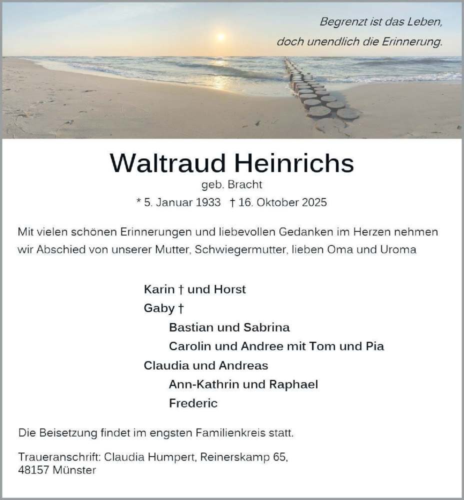  Traueranzeige für Waltraud Heinrichs vom 08.11.2025 aus Tageszeitung
