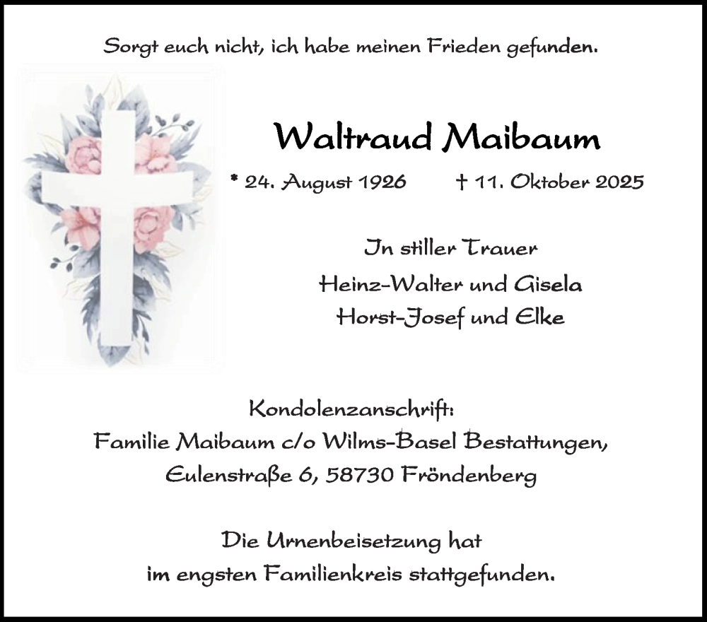  Traueranzeige für Waltraud Maibaum vom 15.11.2025 aus Tageszeitung