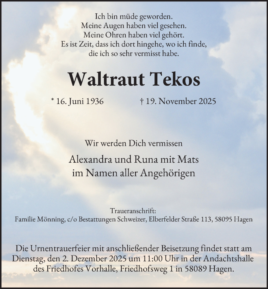  Traueranzeige für Waltraut Tekos vom 29.11.2025 aus Tageszeitung