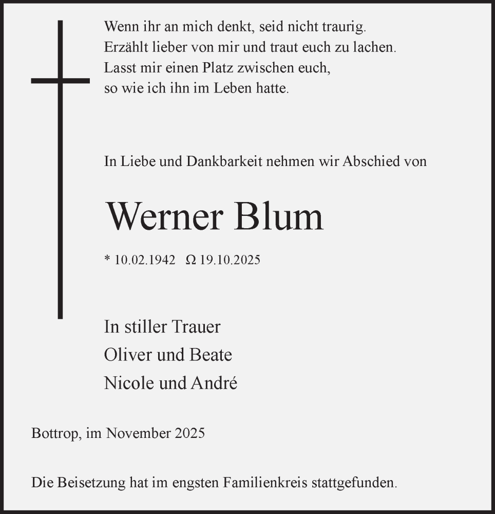  Traueranzeige für Werner Blum vom 15.11.2025 aus Tageszeitung