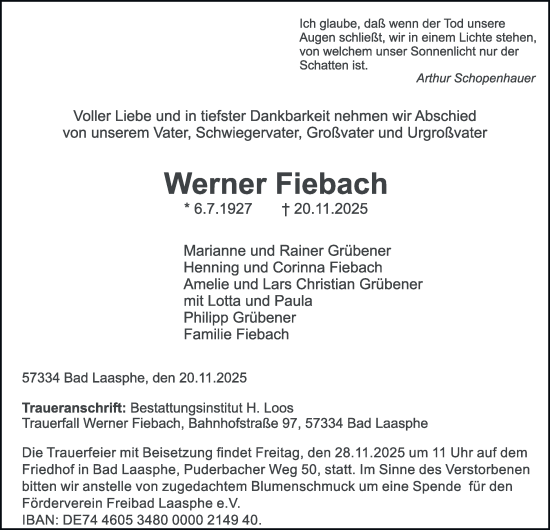 Traueranzeige von Werner Fiebach von Tageszeitung