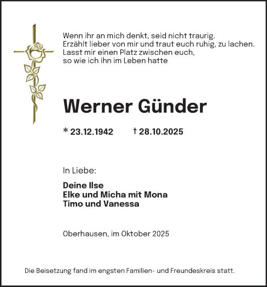 Traueranzeige von Werner Günder von Tageszeitung