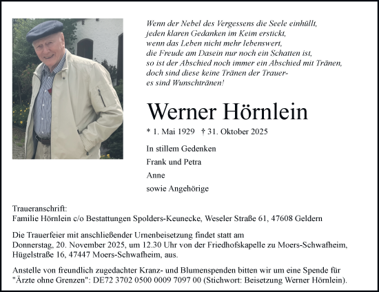 Traueranzeige von Werner Hörnlein von Tageszeitung