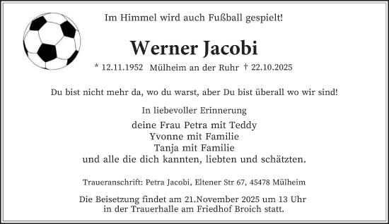 Traueranzeige von Werner Jacobi von Tageszeitung