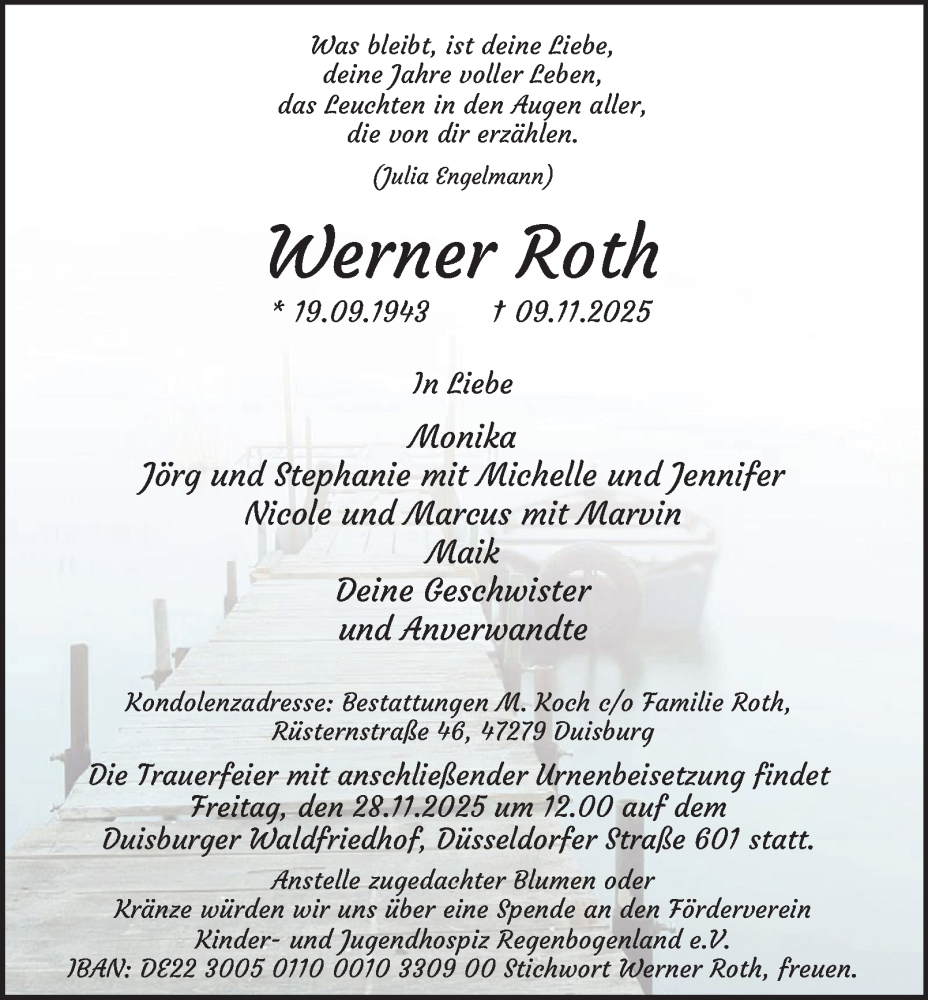  Traueranzeige für Werner Roth vom 22.11.2025 aus Tageszeitung