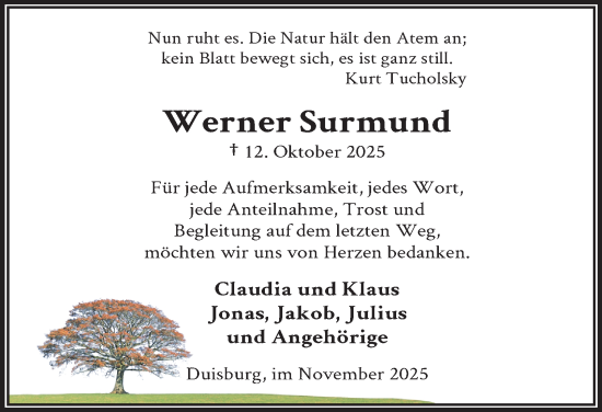 Traueranzeige von Werner Surmund von Tageszeitung