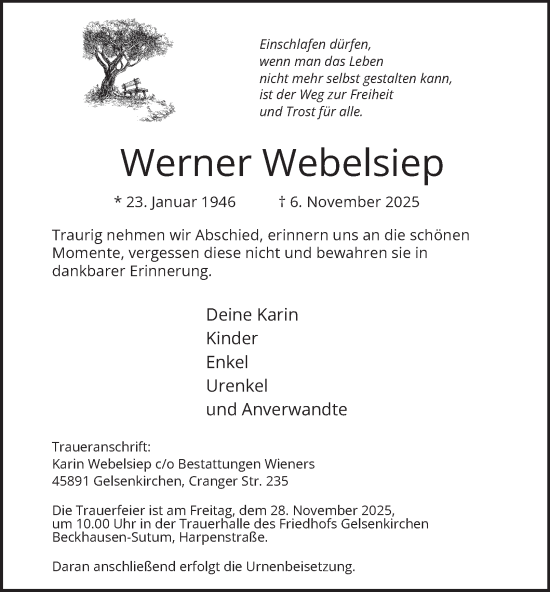 Traueranzeige von Werner Webelsiep von Tageszeitung