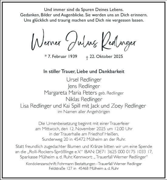 Traueranzeige von Werner Julius Redlinger von Tageszeitung