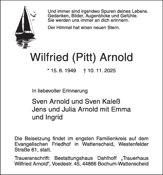 Traueranzeige von Wilfried Arnold von Tageszeitung