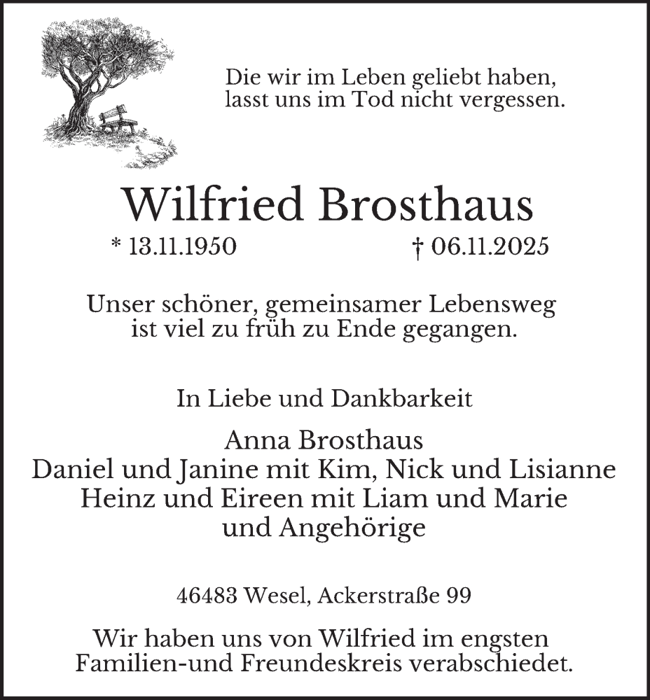  Traueranzeige für Wilfried Brosthaus vom 15.11.2025 aus Tageszeitung