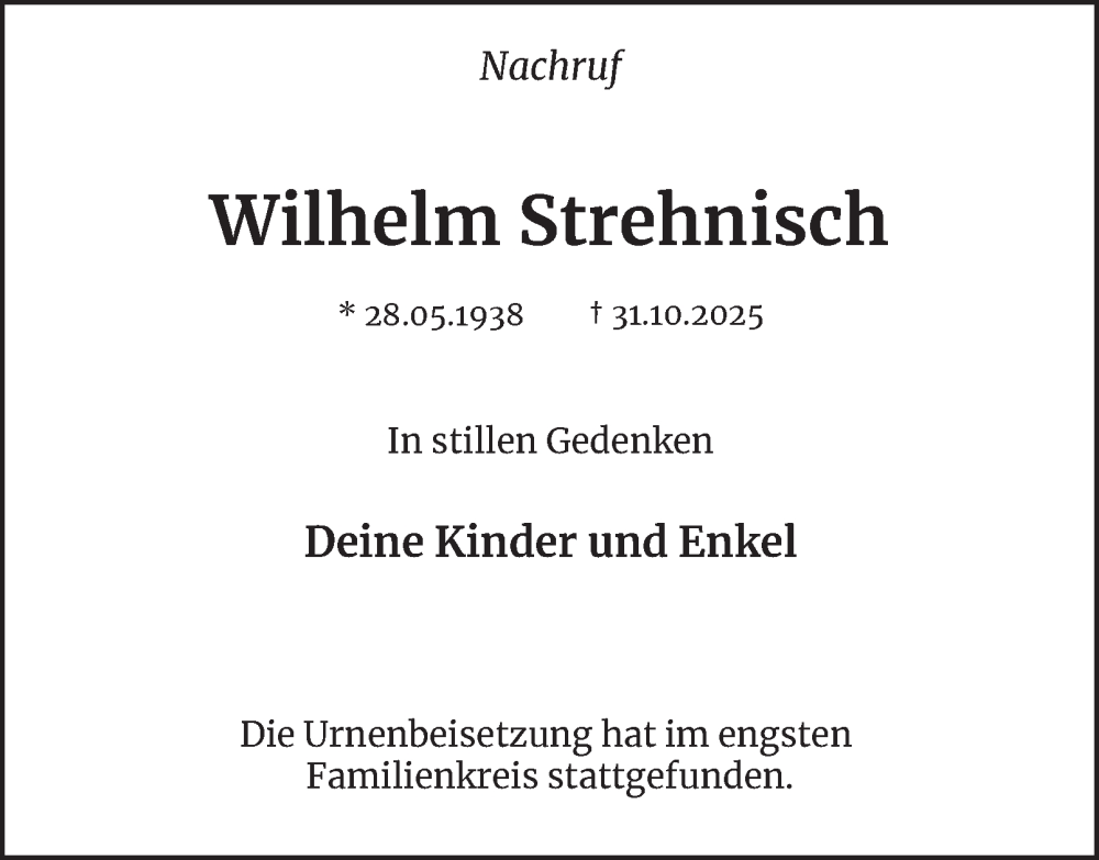  Traueranzeige für Wilhelm Strehnisch vom 22.11.2025 aus Tageszeitung