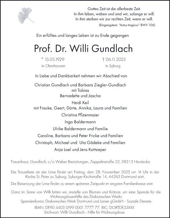 Traueranzeige von Willi Gundlach von Tageszeitung
