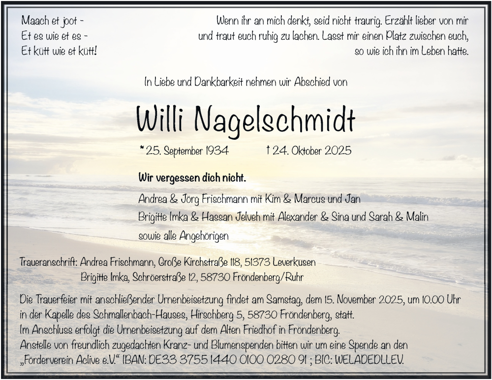  Traueranzeige für Willi Nagelschmidt vom 08.11.2025 aus Tageszeitung