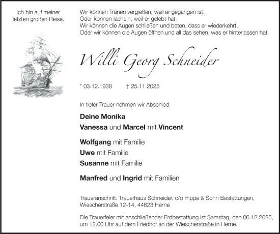 Traueranzeige von Willi Georg Schneider von Tageszeitung