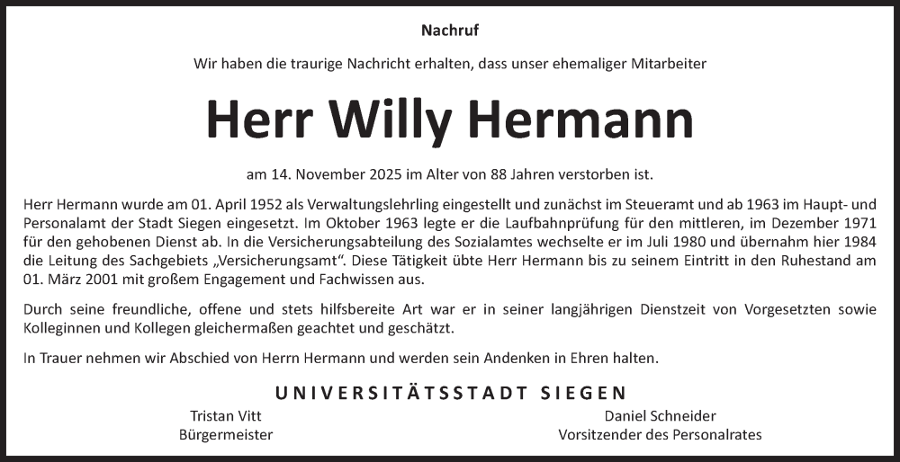  Traueranzeige für Willy Hermann vom 22.11.2025 aus Tageszeitung