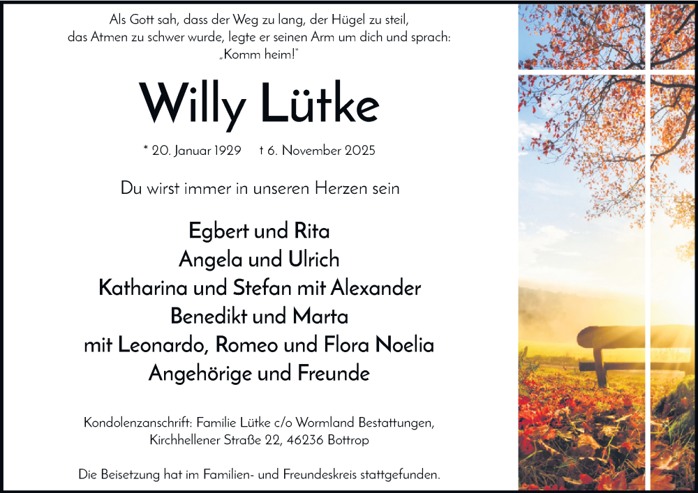  Traueranzeige für Willy Lütke vom 29.11.2025 aus Tageszeitung