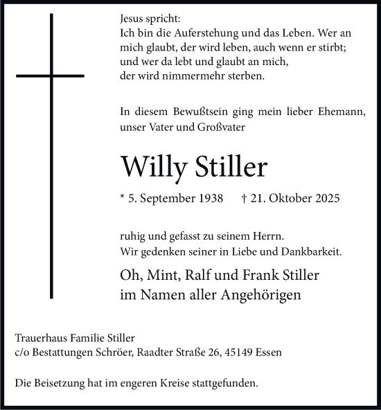 Traueranzeige von Willy Stiller von Tageszeitung