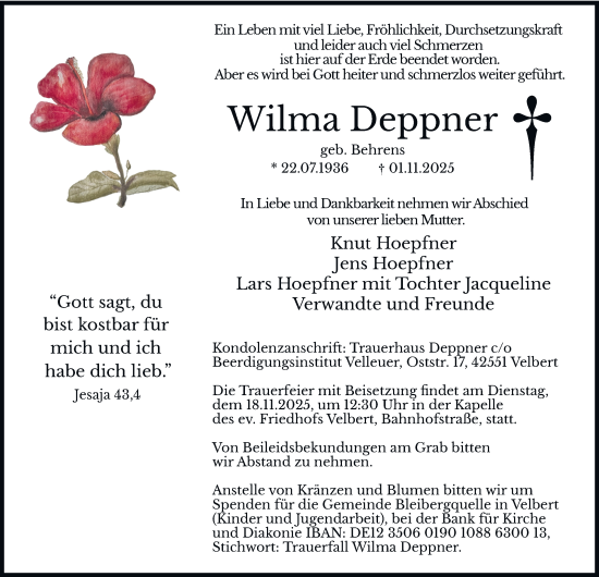 Traueranzeige von Wilma Deppner von Tageszeitung
