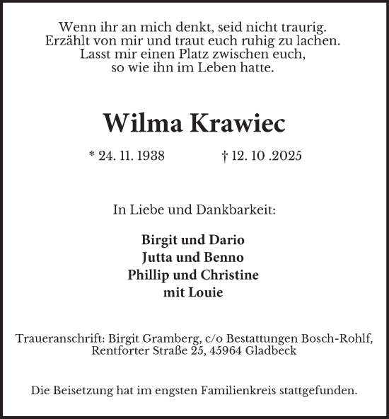 Traueranzeige von Wilma Krawiec von Tageszeitung