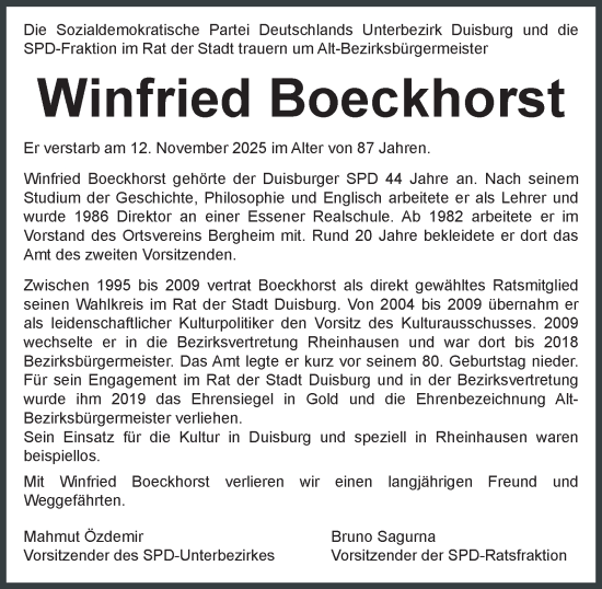 Traueranzeige von Winfried Boeckhorst von Tageszeitung