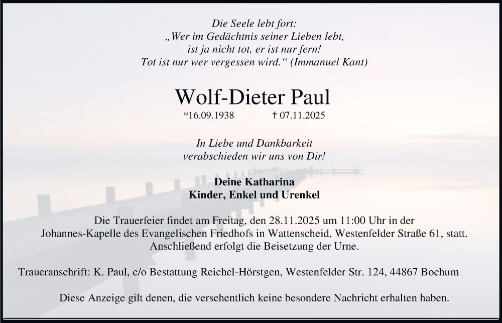  Traueranzeige für Wolf-Dieter Paul vom 15.11.2025 aus Tageszeitung