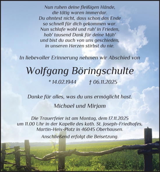 Traueranzeige von Wolfgang Böringschulte von Tageszeitung