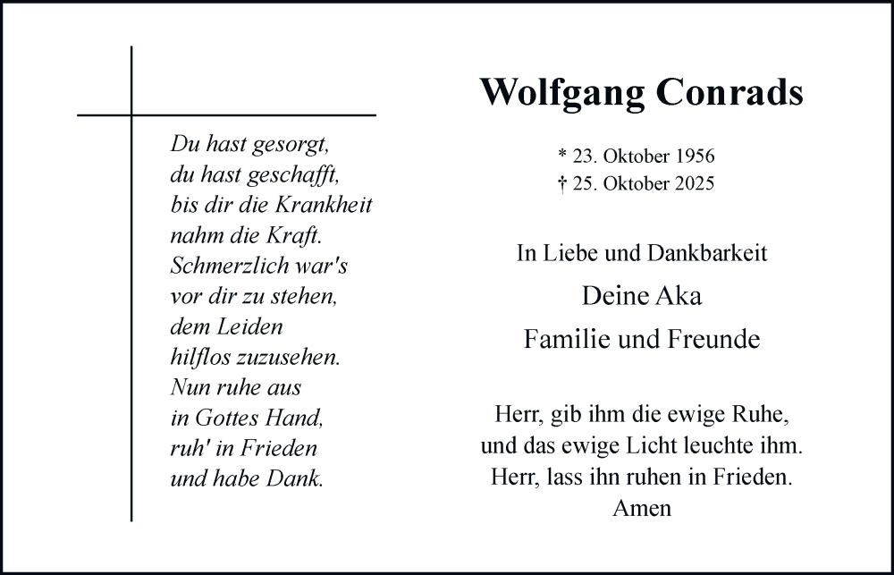  Traueranzeige für Wolfgang Conrads vom 22.11.2025 aus Tageszeitung