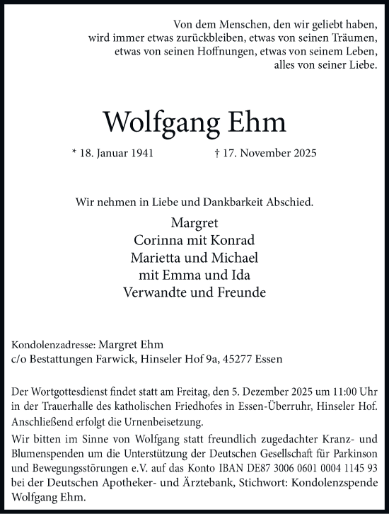Traueranzeige von Wolfgang Ehm von Tageszeitung