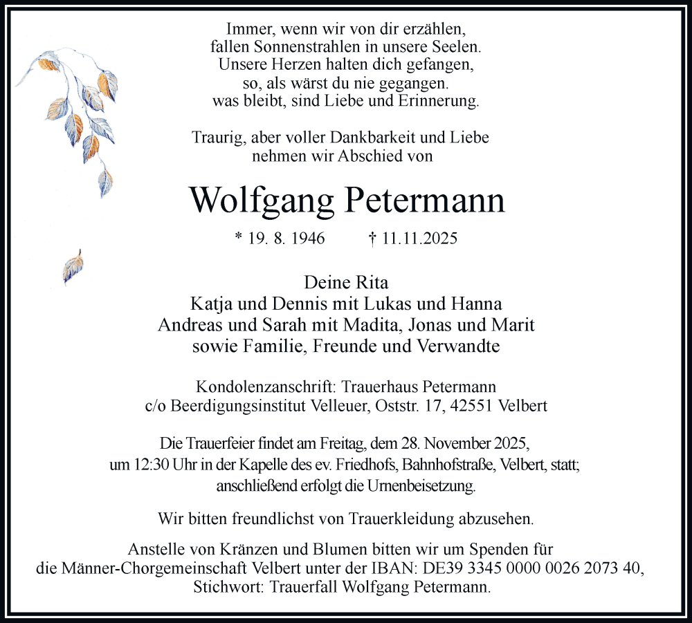  Traueranzeige für Wolfgang Petermann vom 22.11.2025 aus Tageszeitung