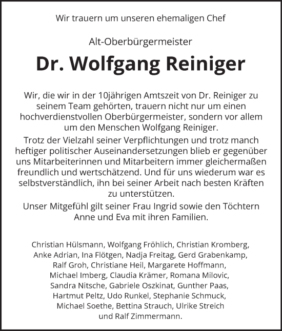 Traueranzeige von Wolfgang Reiniger von Tageszeitung
