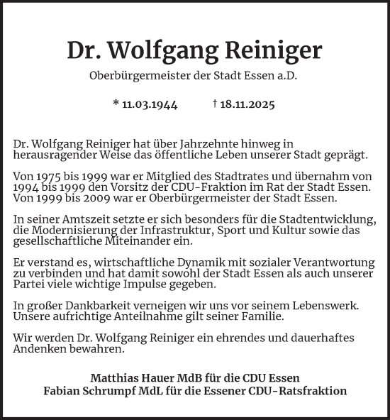 Traueranzeige von Wolfgang Reiniger von Tageszeitung