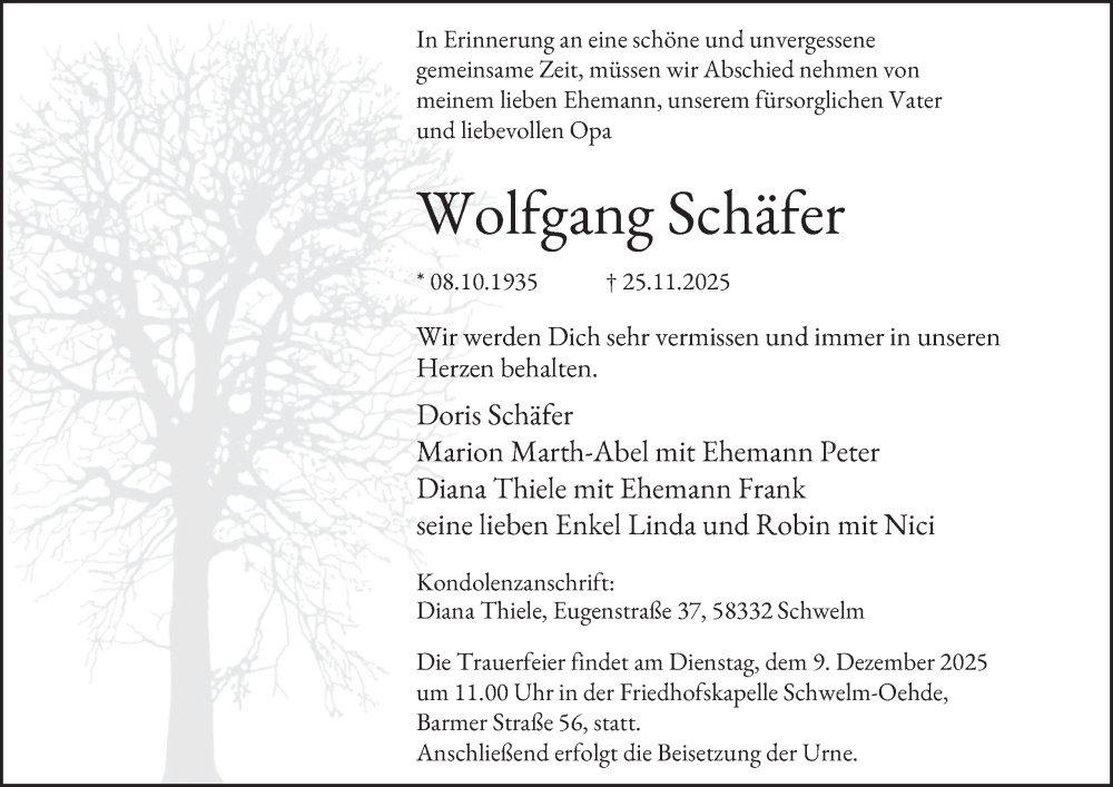 Traueranzeige für Wolfgang Schäfer vom 29.11.2025 aus Tageszeitung